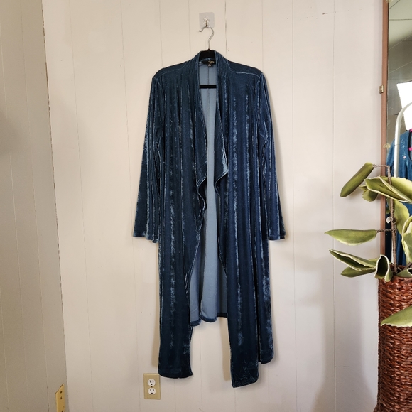 Suzanne Betro Blue Velvet Draped Duater Cardigan Long Boho Bohemian Formal - Picture 3 of 10